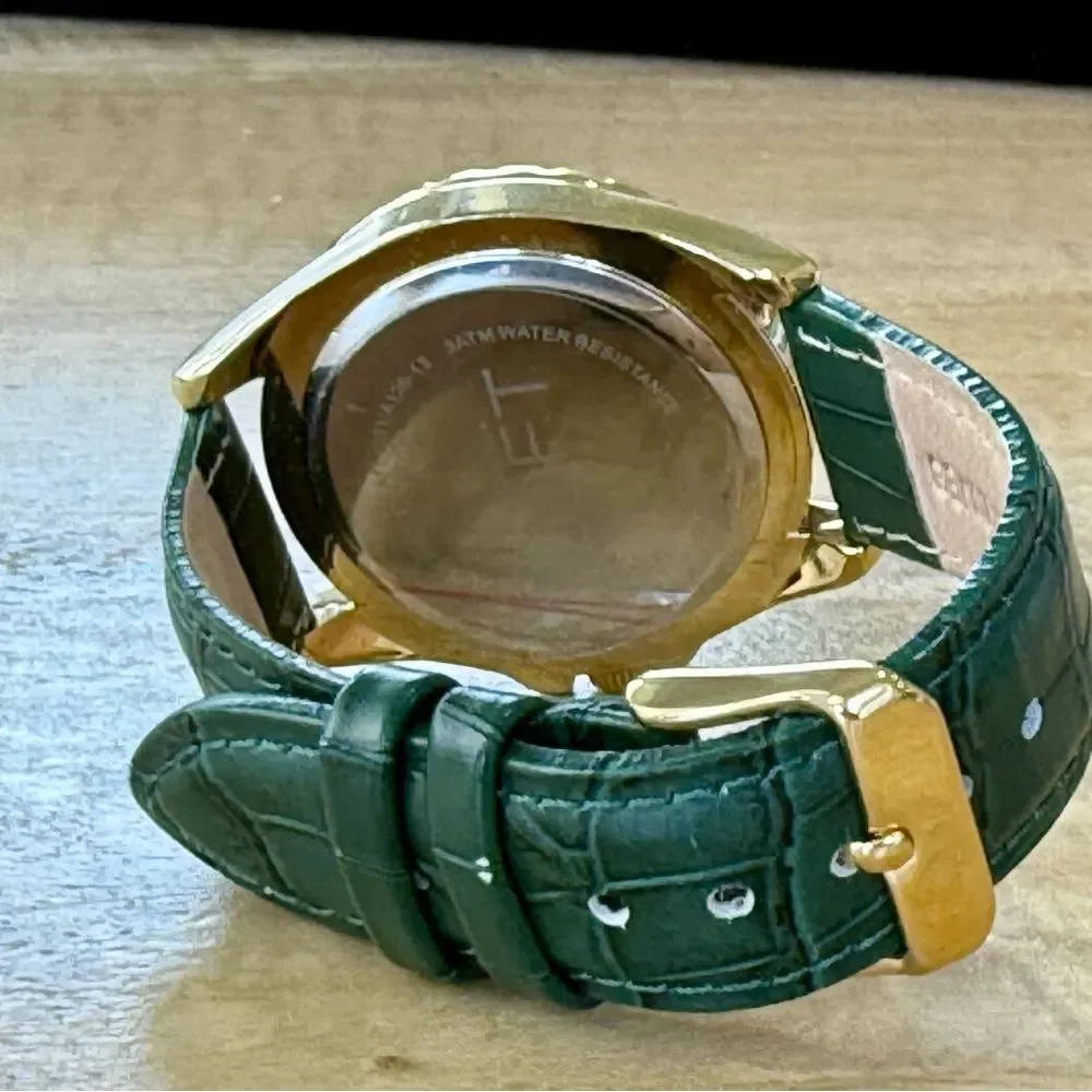 LOFT Gold Tone Green Croc Leather Band Watch Mother Of Pearl Face NWOT